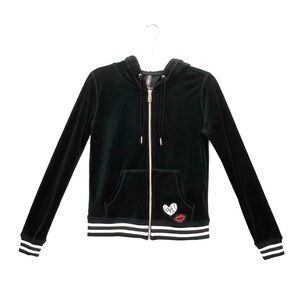 Betsey Johnson Velour Hoodie Zip Front Black Size Small Love! Lips Patch New NWT
